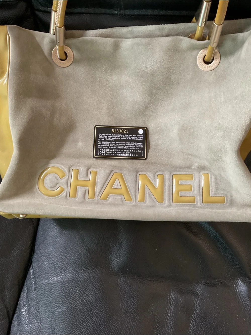 CHANEL Beige Suede Tote with Mustard Patent Trim and Camellia